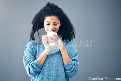 Image of Coffee cup and black woman isolated on wall background for ideas, thinking and creative inspiration on studio mockup. Young woman, student or person from USA with tea, drink or mug on mock up space