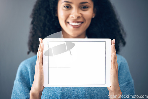 Image of Digital tablet, mockup and portrait of black woman in studio on internet, screen or advertising on grey background. Online, communication and girl on space, display or copy on website, app or network
