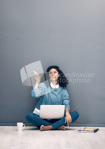 Image of Laptop, mockup and pointing with black woman on floor for social media, news and deal presentation. Offer, online shopping ad technology with girl customer for communication, internet and advertising
