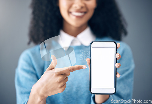 Image of Mockup screen, smartphone or black woman pointing hand at digital marketing, branding or advertising content. Startup, web or girl in studio with phone for product space, internet or social media