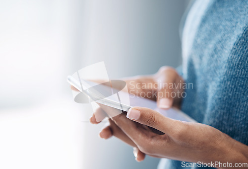 Image of Hands, phone and woman texting on mockup for internet, search or social media on blurred background. Online, communication and girl searching on smartphone, website or app or reading isolated closeup