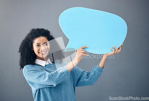 Image of Portrait, black woman and speech bubble in studio on news, mockup or advertising on grey background. Social media banner, poster or sign on product placement, isolated on blank billboard copy space