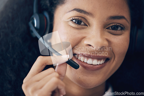 Image of CRM, face or telecom black woman smile for success B2B deal, support or telemarketing in office. Happy, microphone or callcenter consultant portrait for contact us, customer service or sales network