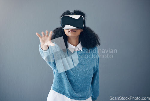 Image of Virtual reality headset, metaverse and woman with hand for mockup space and 3d game in studio. Gamer person vr glasses for digital world, futuristic gaming and ar tech ux experience grey background