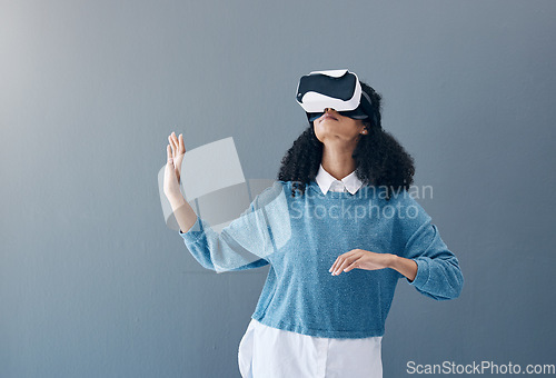 Image of Metaverse, virtual reality headset and woman with hands for mockup space and 3d game in studio. Gamer person vr tech glasses for digital world, futuristic gaming and ux experience on grey background