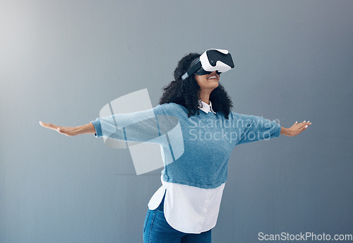 Image of Woman, virtual reality glasses and metaverse with mockup space and hands for 3d flying game in studio. Gamer person vr headset for digital experience, futuristic gaming and ar tech on grey background