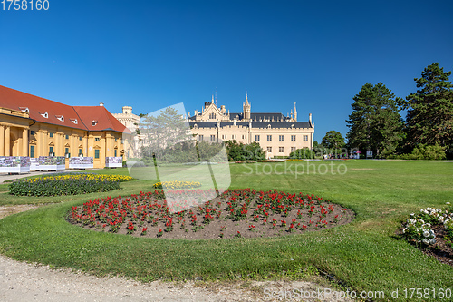 Image of Lednice Chateau with beautiful gardens and parks on sunny summer day