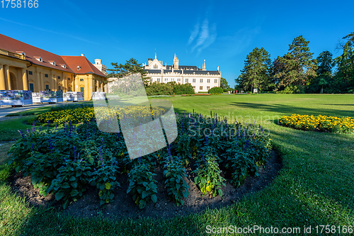 Image of Lednice Chateau with beautiful gardens and parks on sunny summer day