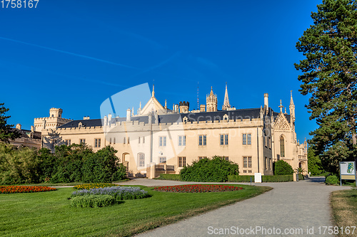 Image of Lednice Chateau with beautiful gardens and parks on sunny summer day