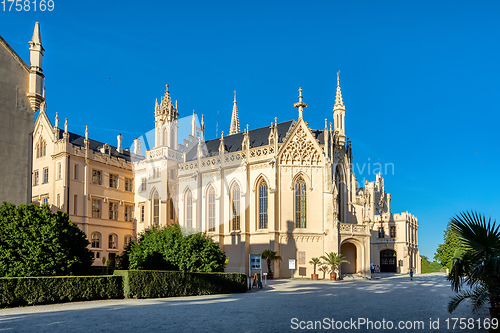 Image of Lednice Chateau with beautiful gardens and parks on sunny summer day