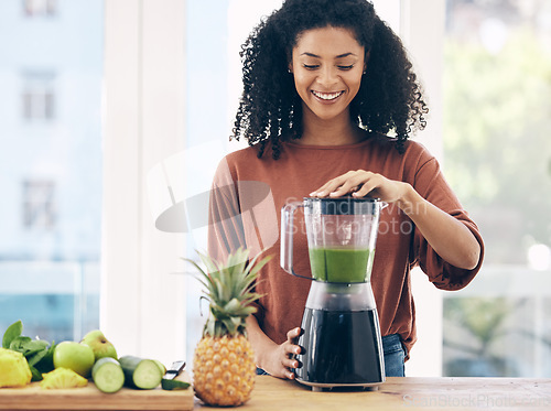 Image of Blender, smoothie and black woman with green diet, detox and healthy morning breakfast in kitchen with fruits. Vegetables, food and young person or nutritionist with nutrition drink for vegan protein