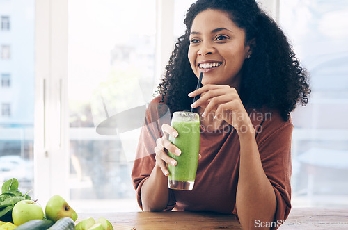 Image of Thinking, mockup and smoothie with a black woman drinking a health beverage for a weight loss diet or nutrition. Idea, mock up and drink with a healthy young female enjoying a fruit beverage