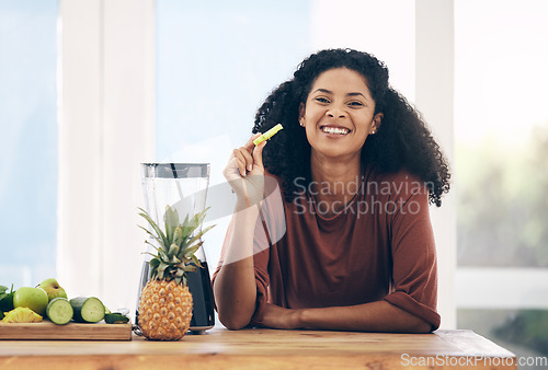 Image of Fruit, smoothie and portrait of black woman with a blender in the kitchen for breakfast, detox and diet. Face, nutritionist and lady with fresh, weight loss and healthy, raw and ingredients on mockup