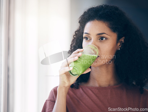 Image of Healthy, diet and woman drinking a smoothie for weight loss, energy and breakfast while thinking. Food, health and girl with a juice cocktail for nutrition idea, green detox and vegan lifestyle