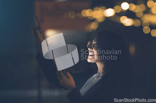 Image of Phone, dark and black woman outdoor checking stars and solar system with mobile app. Happy, smile and young person in city pointing to star constellations at night with cellphone and web connection