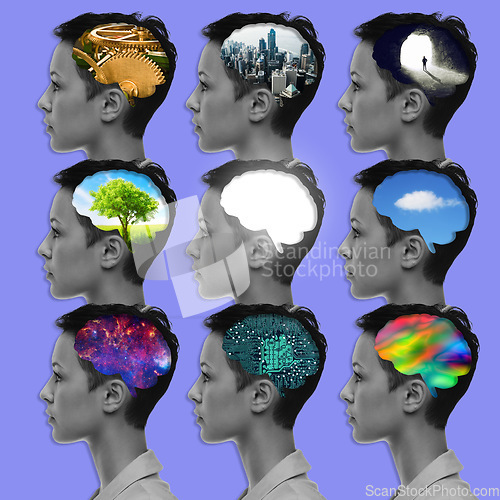 Image of Creative thinking, brain and profile of woman on blue background with ideas, inspiration and innovation. Digital art, psychology and grid of girl for intelligence, brainstorming and knowledge mind