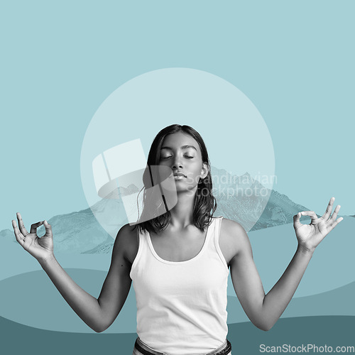 Image of Zen, meditation and woman on poster, mountain on blue background and lotus pose in balance. Art, yoga advertising and creative collage design for health, wellness and calm, spiritual lifestyle studio