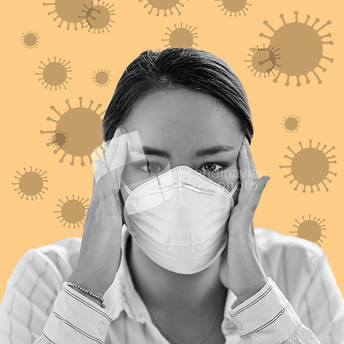 Image of Covid, sick and portrait of a woman with a wallpaper isolated on a studio background. Anxiety, stress and face of an Asian girl with a mask for a virus, regulations and overwhelmed on a backdrop