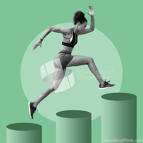 Image of Digital, running and woman with steps for fitness, exercise growth and progress on a background. Energy, training and athlete runner with power for a sports race, jumping and practice cardio