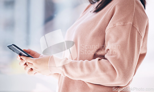 Image of Social media, chat and hands of an employee with a phone for communication, email and internet. Contact, typing and woman with connection to the web on a mobile for an app, conversation and message