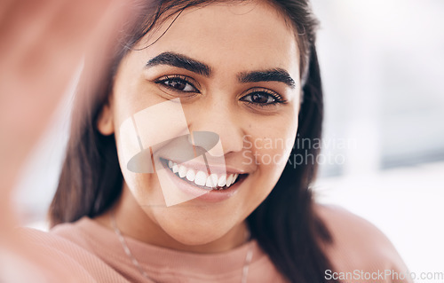 Image of Selfie, happy and portrait of woman with smile for positive, optimistic and good confident mindset. Happiness, beauty and excited face of young female from Puerto Rico taking picture for social media