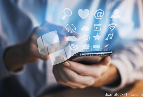 Image of Hologram, menu and hands of a businessman with a phone for connection, social media and email. Digital, network and interface screen of an employee holding a mobile for communication, contact and web
