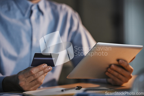 Image of Online shopping, bank and hands with credit card and tablet in office for virtual purchase, payment and sale. Ecommerce, technology and man with digital tech for internet banking, budget and cash app