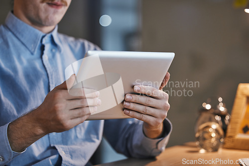 Image of Hands, tablet and office with businessman in night for web design, planning and development of app. Developer, mobile touchscreen and innovation for software, website ux and dark blurred background