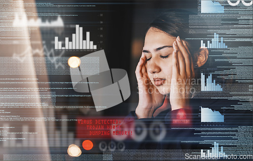 Image of Stats, digital and woman with a headache and computer while working in investment at night. Stress, burnout and stock market employee tired and frustrated with data problem on a pc during overtime