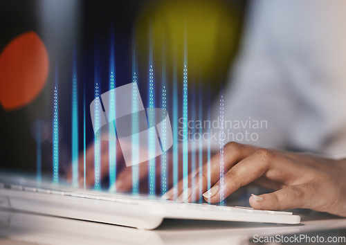 Image of Hands, computer keyboard and business woman overlay while typing at night for information technology. Person online for trading database, cybersecurity or futuristic ai for data analysis or trading