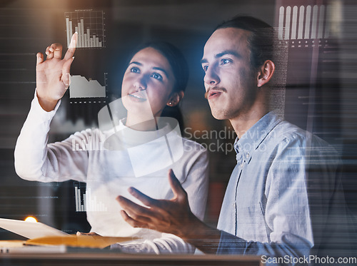 Image of Code, overlay and man with woman, hologram and futuristic data analysis, discussion and cloud computing. Coding, coworkers and employees with holograph, conversation and cyber security in workplace