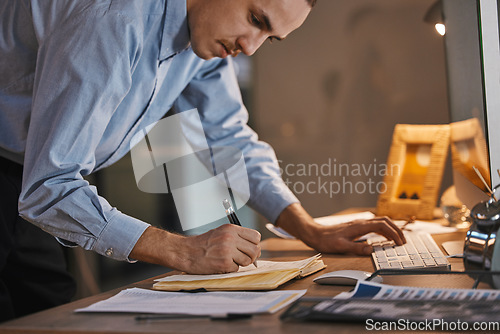 Image of Business man, writing and data with keyboard, analytics and IT code, work overtime for deadline and notebook. Working night, email and programming, checklist with digital notes and software update