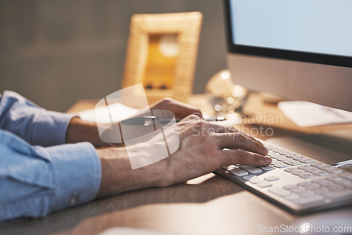 Image of Night, closeup and hands with keyboard, business and man typing, connection and digital planning for sales growth. Overtime, zoom and male employee with computer, online reading and email for project