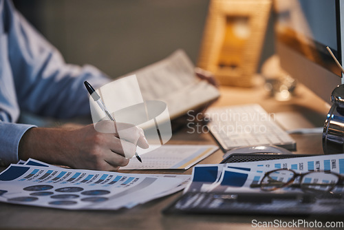 Image of Businessman, hands or writing on documents in night office for data analytics, target audience research or marketing kpi review. Zoom, worker or employee working late on paper or advertising feedback