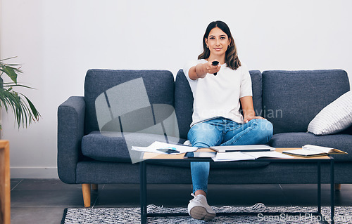 Image of Woman watching tv, remote control and relax, taking break from studying, student at home and streaming movie. Portrait, television and entertainment with leisure, relaxing after study and freedom