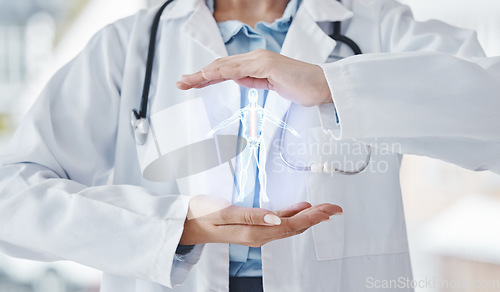 Image of Hologram, medical and doctor with digital anatomy, skeleton and futuristic healthcare professional with ai. 3d, analysis and virtual holographic body in hands for hospital innovation and research