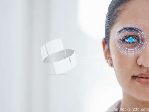 Image of Cybersecurity, eye scan and portrait of a woman at work for facial recognition and identity. Digital, mockup and face of an employee with a retina check for corporate protection and verification