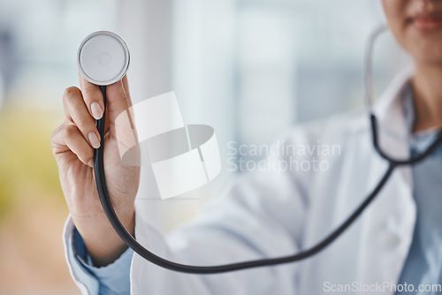 Image of Stethoscope, hands and doctor listen to heartbeat in hospital, asthma medicine and trust. Closeup of healthcare worker, breathing equipment and cardiology for lungs test, medical help or tuberculosis