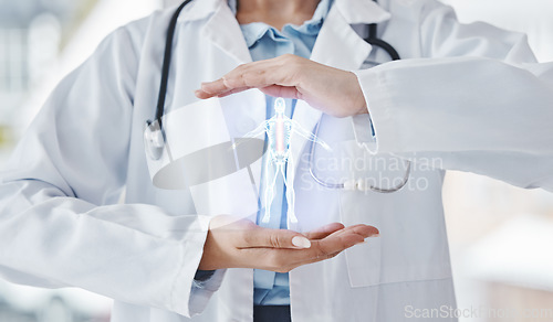 Image of Skeleton hologram, doctor hands and futuristic hospital technology, ai and 3d model for medical x ray. Healthcare professional, worker or person hand holding holographic for future and human anatomy