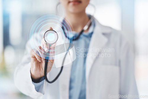 Image of Stethoscope, digital heartbeat and doctor in hospital, woman hands and expert asthma consulting. Healthcare worker, cardiology and graphic pulse for breathing, lungs test or tuberculosis medical help