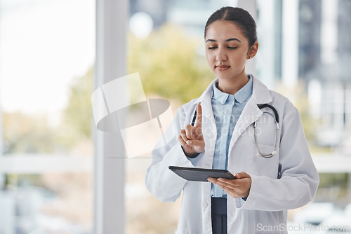 Image of Healthcare, research and doctor point with tablet for medical report, user interface and online consultation. Insurance, hospital and woman with digital tech for telehealth, ux finger and innovation