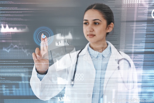 Image of Cybersecurity, futuristic hologram and doctor hand for password, fingerprint scan and medical database. Healthcare, digital clinic and woman with finger for user interface, software and telehealth