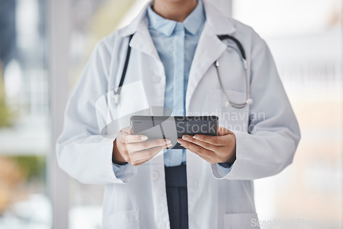 Image of Healthcare, research and hands of doctor on tablet in hospital for medical report, results and online consultation. Insurance, wellness and woman health worker for digital tech for patient telehealth
