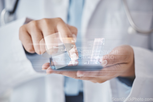 Image of Hologram, digital and doctor has phone with analytics information, analysis and data from the internet, web or website. Hands, app and futuristic healthcare professional with AI doing research online