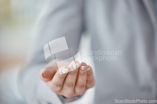 Image of Product placement, marketing and hand of an employee for branding, advertising and promotion. Showing, working and zoom of the palm of a business woman to advertise a service from a corporate company