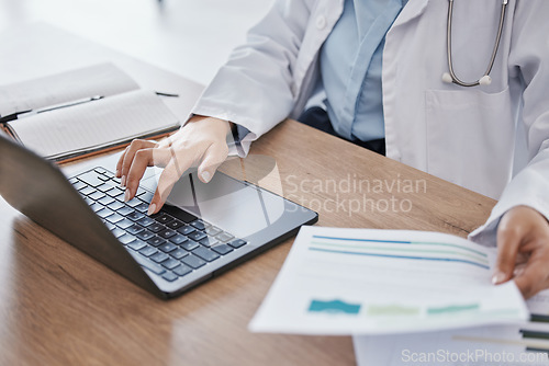 Image of Hands, doctor on laptop or woman reading online medical research data, email or healthcare medicine report. Science, documents or paper on tech for hospital schedule, surgery agenda or compliance