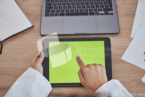 Image of Green screen, data analysis or doctors hands on tablet for medical research, medicine or healthcare analytics review. Nurse, wellness or worker on tech app for insurance news or science mockup space