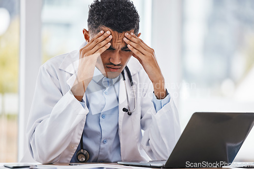 Image of Burnout, stress or man doctor on laptop with headache from depression, mental health or anxiety medical review. Tired, mental health or sad nurse frustrated, angry or depressed from medicine report