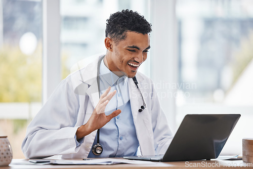 Image of Wave, laptop or black man doctor on video call for online meeting, virtual assistance or medical consulting. Happy, medicine or healthcare nurse on tech webinar for hello, support or wellness help