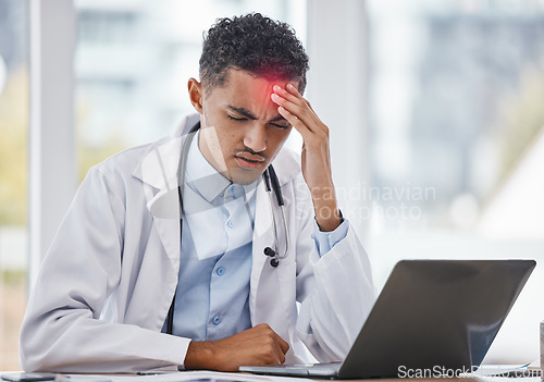 Image of Headache, burnout or doctor man on laptop with stress from depression, mental health or anxiety medical feedback. Tired, mental health or sad nurse frustrated, depressed or pain from medicine report